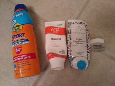 Banana Boat, Cotz, and DE sunscreens, Youth to the People moisturizer